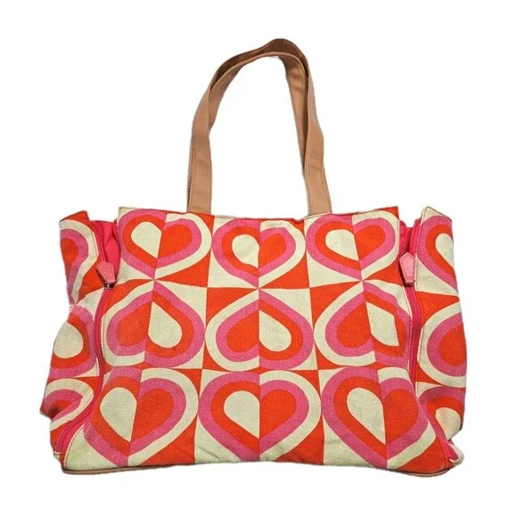 Hearts Retro Vintage Canvas Boat Tote Beach Travel Bag Red Pink White Brown DSW - Picture 4 of 7